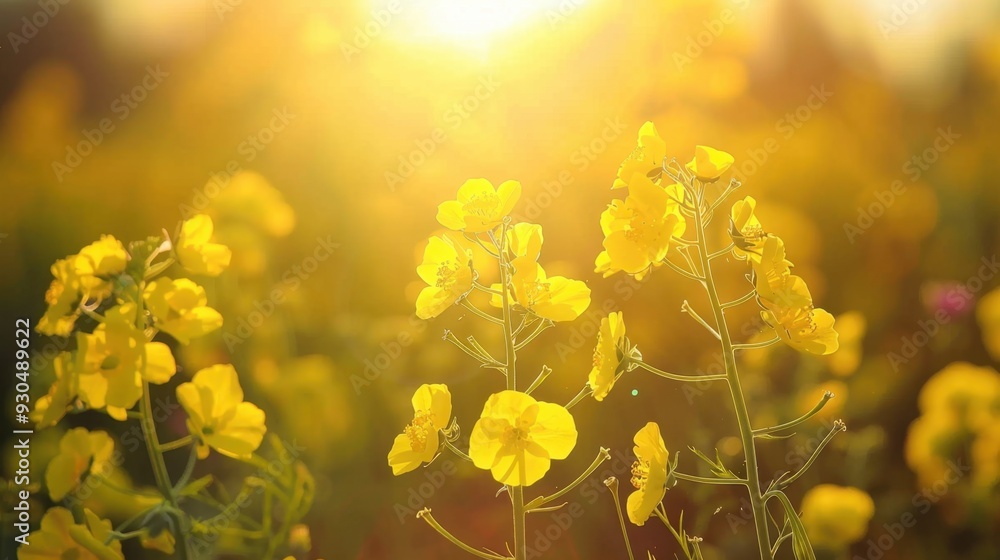 A close-up of yellow mustard flowers blooming in a sunlit field A close-up of yellow mustard flowers blooming in a sunlit field