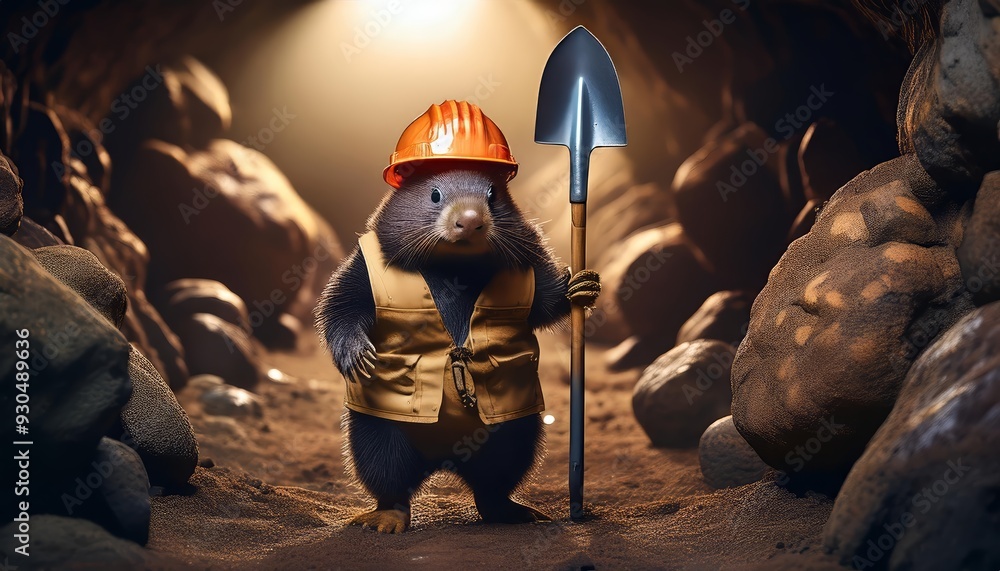 Cute mole with yellow hard hat and working suit in a tunnel Cute mole with yellow hard hat and working suit in a tunnel
