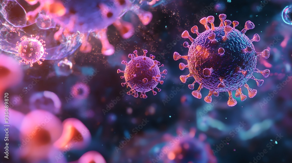 A vibrant illustration of virus cells in a colorful, abstract environment, highlighting intricate details and structures. A vibrant illustration of virus cells in a colorful, abstract environment, highlighting intricate details and structures.