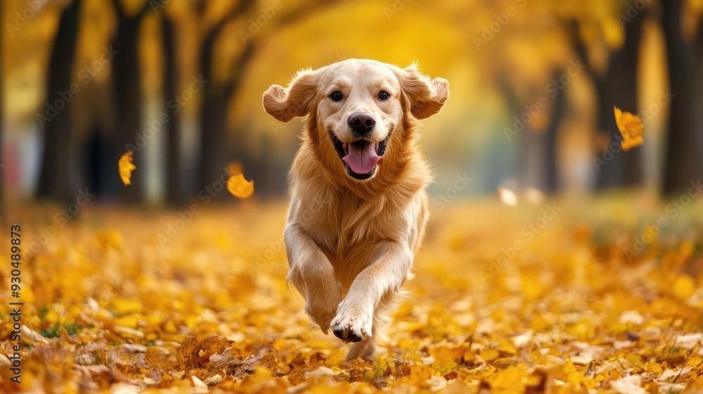 Retriever running on the yellow leaves of autumn trees in the park. Ai generation Retriever running on the yellow leaves of autumn trees in the park. Ai generation