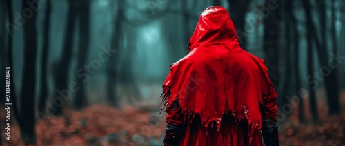 A disturbing yet creative take on a fairy tale, a horror-inspired Red Riding Hood with a bloodied cape and sinister, wolf-like details