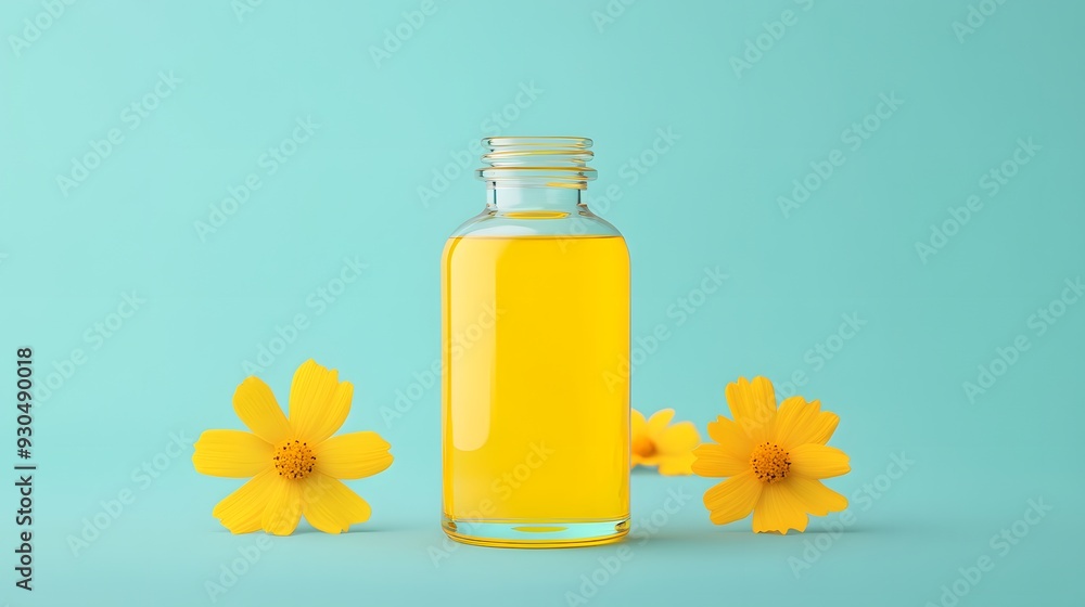 A bottle of yellow liquid is on a blue background with yellow flowers A bottle of yellow liquid is on a blue background with yellow flowers