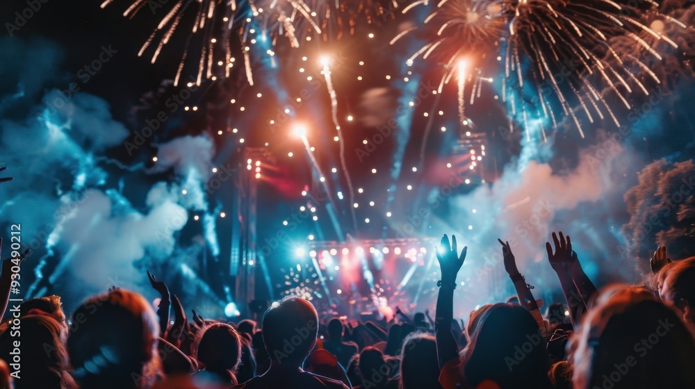 Fototapeta premium A concert scene with fireworks going off above the stage, adding to the excitement of the performance