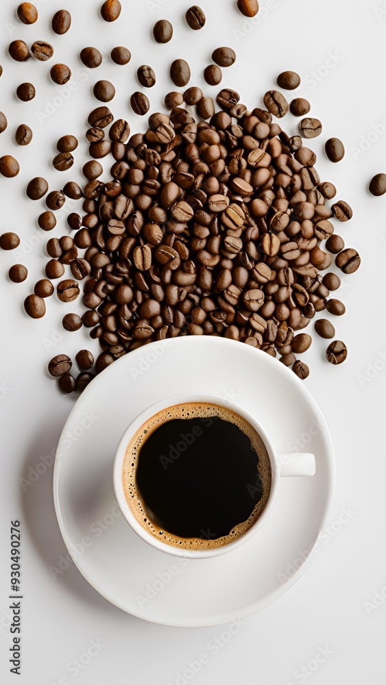 Overhead View of Black Coffee and Coffee Beans on White: Aromatic, Roasted, Caffeine, Morning, Breakfast Overhead View of Black Coffee and Coffee Beans on White: Aromatic, Roasted, Caffeine, Morning, Breakfast