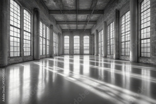 Sunbeams Illuminating an Empty Brick Warehouse Interior