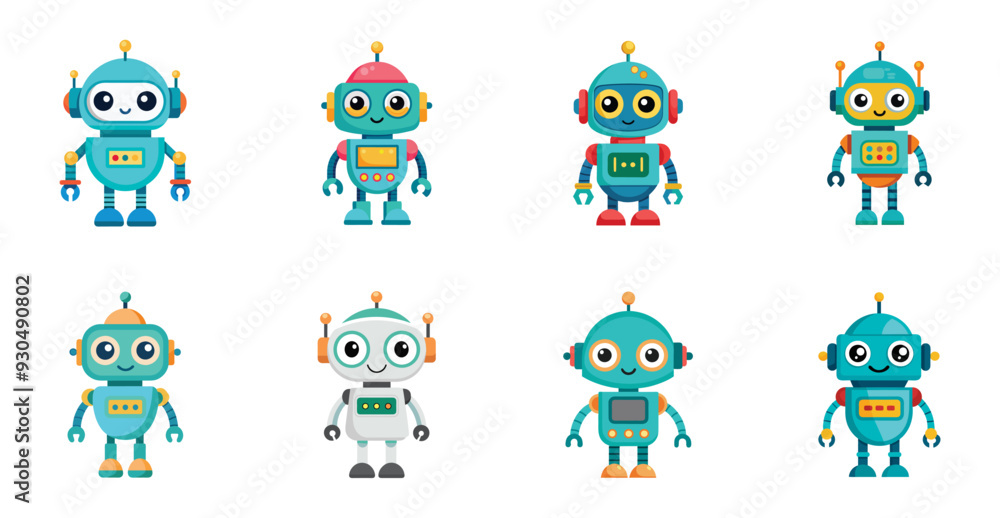 Obraz premium Cute robots with various designs and cheerful expressions. Vector cartoon illustration, children toy.