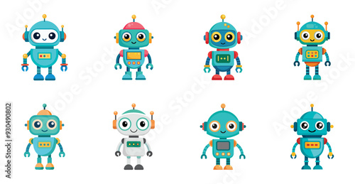 Cute robots with various designs and cheerful expressions. Vector cartoon illustration, children toy.