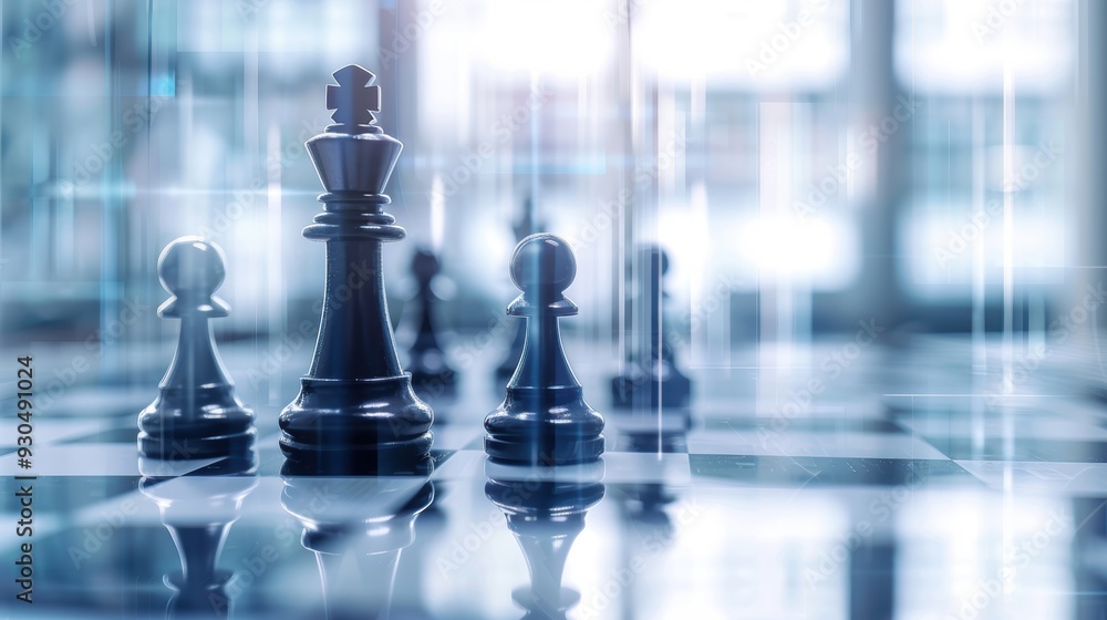 A close-up view of black chess pieces on a reflective board, symbolizing strategy and competition in a modern setting. A close-up view of black chess pieces on a reflective board, symbolizing strategy and competition in a modern setting.