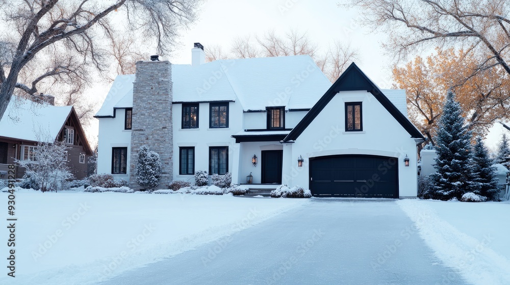 Naklejka premium An elegant two-story bungalow features stone and beige walls against a snowy landscape, complemented by stylish black windows and a dark garage door under a cloudy sky