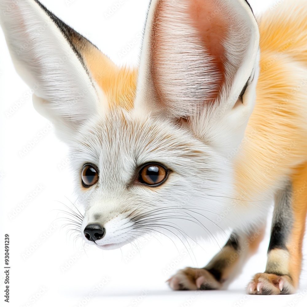 Fototapeta premium A close-up of a curious fennec fox with large ears and prominent eyes, showcasing its unique features and adorable expression.