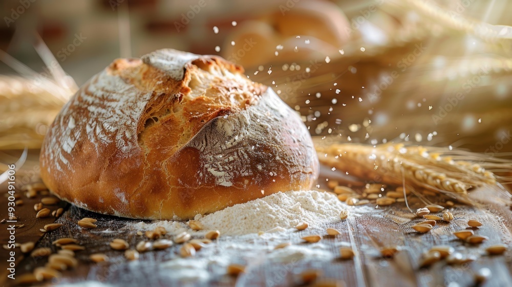 A freshly baked rustic loaf of sourdough bread on a wooden table, surrounded by flour and wheat grains A freshly baked rustic loaf of sourdough bread on a wooden table, surrounded by flour and wheat grains