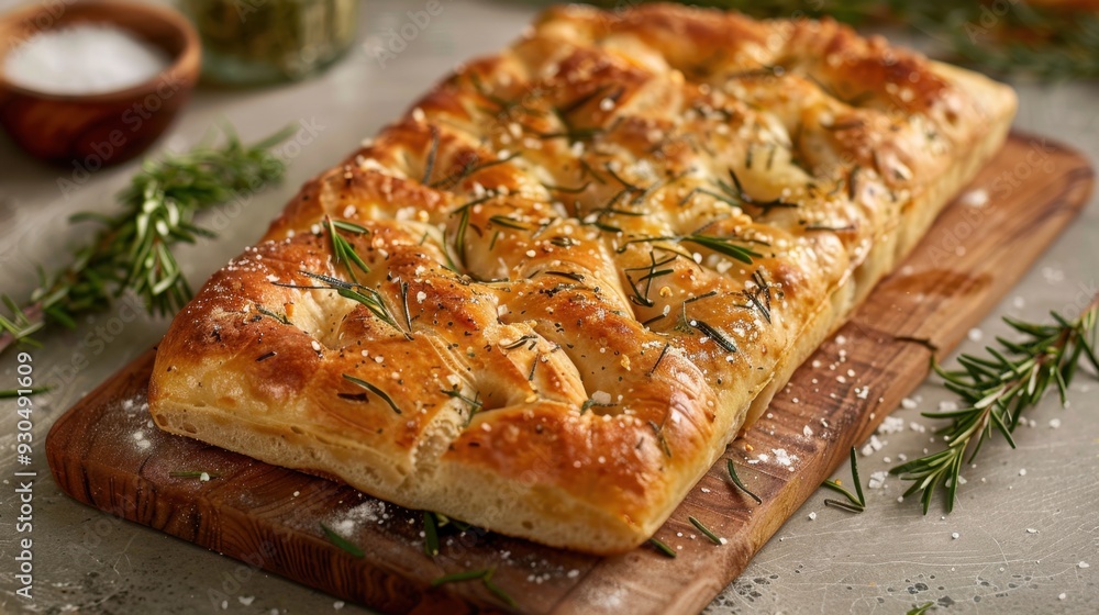 A freshly baked loaf of focaccia with rosemary and sea salt, set on a wooden board A freshly baked loaf of focaccia with rosemary and sea salt, set on a wooden board