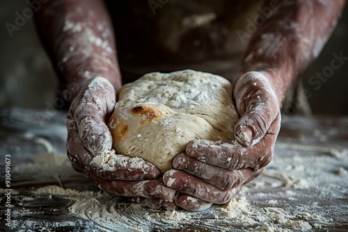 A man is kneading dough on a table photo