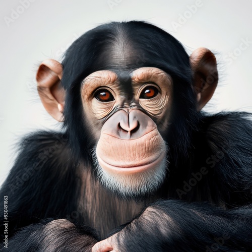 A close-up portrait of a chimpanzee with expressive eyes, showcasing its intelligent and playful nature. photo