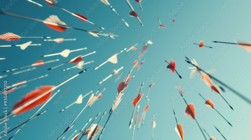 A group of arrows in mid-flight, captured in motion against a clear blue sky A group of arrows in mid-flight, captured in motion against a clear blue sky
