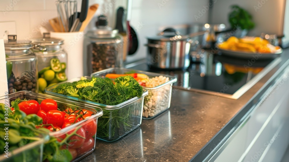 A kitchen counter with glass containers filled with fresh ingredients, ready for cooking A kitchen counter with glass containers filled with fresh ingredients, ready for cooking
