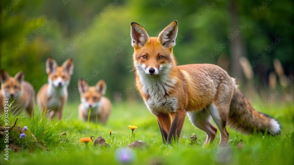 Obraz premium Red fox hunting for prey in a European forest meadow filled with wildlife such as rabbits and birds