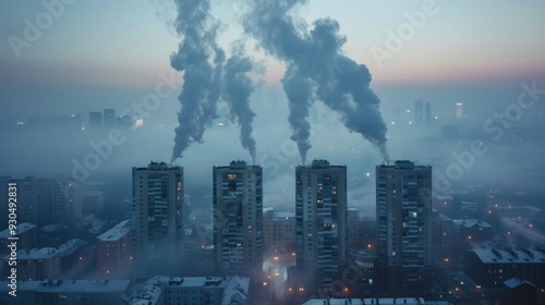 Cityscape at night, cold and gloomy. Four tall buildings with smoke stacks, grey smoke blending into foggy sky. Streetlights add orange glow against dark clouds of smoke.