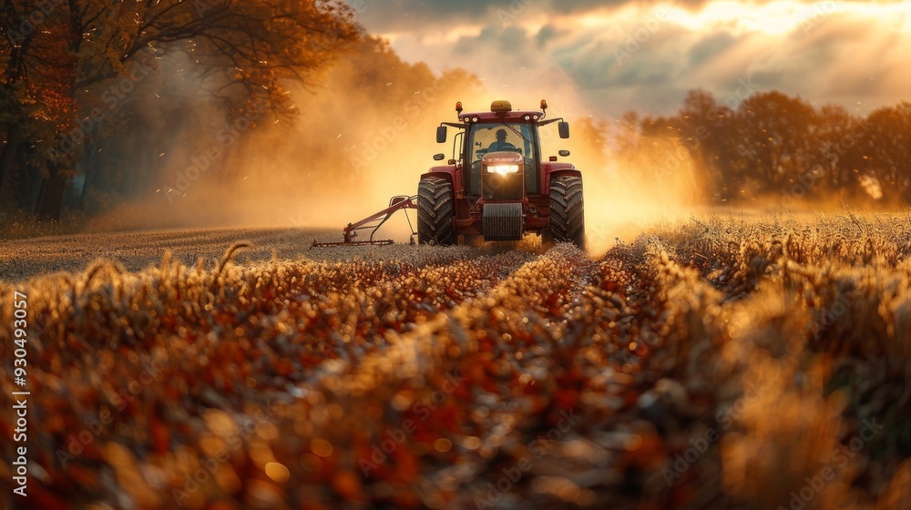 A red tractor drives through a cornfield at sunset, leaving a trail of dust. The driver is visible in the lush, serene setting with a golden sky and trees in the background. A red tractor drives through a cornfield at sunset, leaving a trail of dust. The driver is visible in the lush, serene setting with a golden sky and trees in the background.
