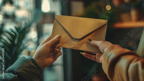 Two individuals exchange a small envelope at night outdoors. One in a puffer jacket passes it to another in a gold jacket with yellow nail polish, focusing on their hands in a warm atmosphere. photo