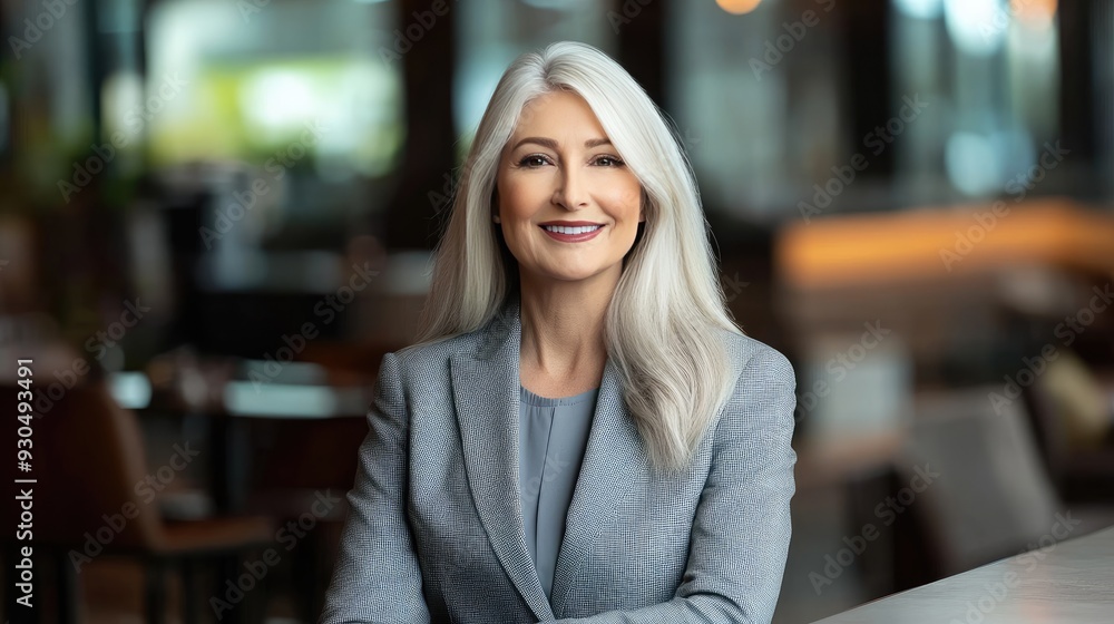 A businesswoman with blonde hair smiles gently, sitting at an outdoor table in a restaurant, wearing a light gray suit and exuding confidence and warmth A businesswoman with blonde hair smiles gently, sitting at an outdoor table in a restaurant, wearing a light gray suit and exuding confidence and warmth