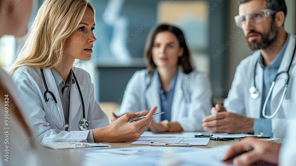Fototapeta premium A discussion among medical professionals in a modern office setting, focusing on healthcare strategies and patient care.