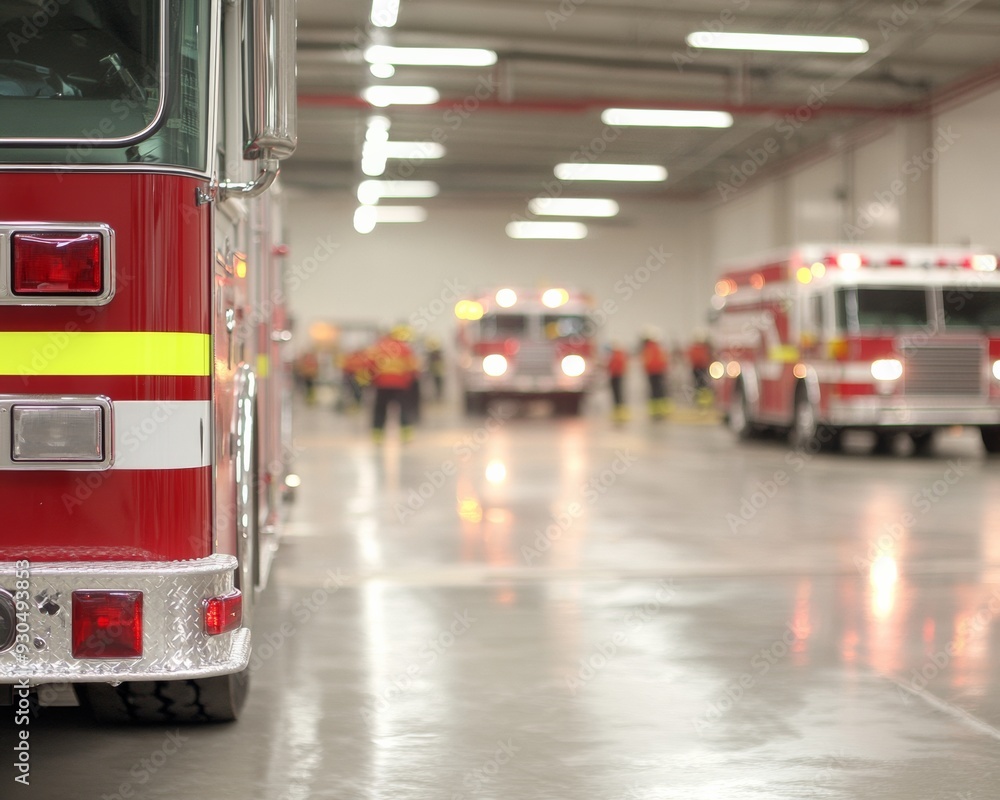 Male and Female Firefighters in Active Fire Station Preparing for Emergency Response, Daytime, Busy, Alert, Organized, Red Fire Trucks Male and Female Firefighters in Active Fire Station Preparing for Emergency Response, Daytime, Busy, Alert, Organized, Red Fire Trucks