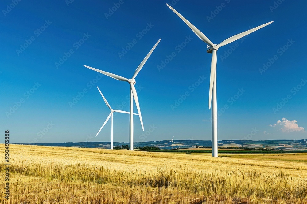 Wind turbines in a golden wheat field under a clear blue sky The scene showcases renewable energy and agricultural harmony Wind turbines in a golden wheat field under a clear blue sky The scene showcases renewable energy and agricultural harmony
