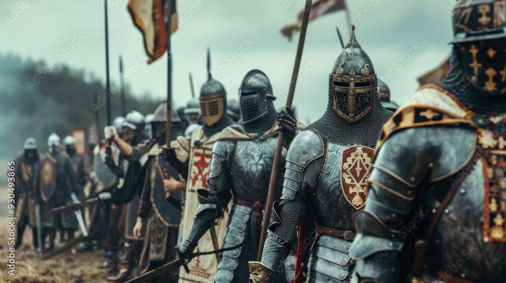 Obraz premium A compelling image of medieval knights in disciplined formation for battle. Clad in chain mail with shields and weapons, they exude chivalry and valor under a foreboding sky.