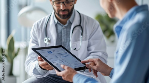 A doctor discusses patient data on a tablet with a client in a modern healthcare setting, emphasizing technology in medicine.