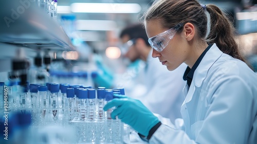 A focused scientist analyzes samples in a laboratory wearing protective gear, embodying precision and dedication to research.