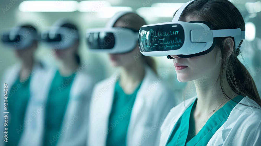A group of healthcare professionals engaging with virtual reality technology in a modern medical setting. A group of healthcare professionals engaging with virtual reality technology in a modern medical setting.