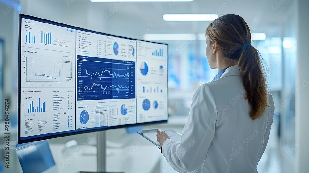 A healthcare professional analyzes data on a large screen in a modern laboratory, focusing on statistics and trends. A healthcare professional analyzes data on a large screen in a modern laboratory, focusing on statistics and trends.