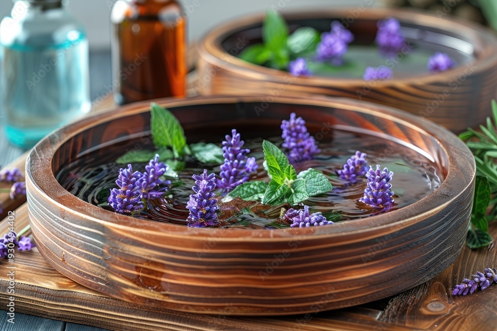 Wooden Bowl Filled with Water, Lavender, and Mint Wooden Bowl Filled with Water, Lavender, and Mint