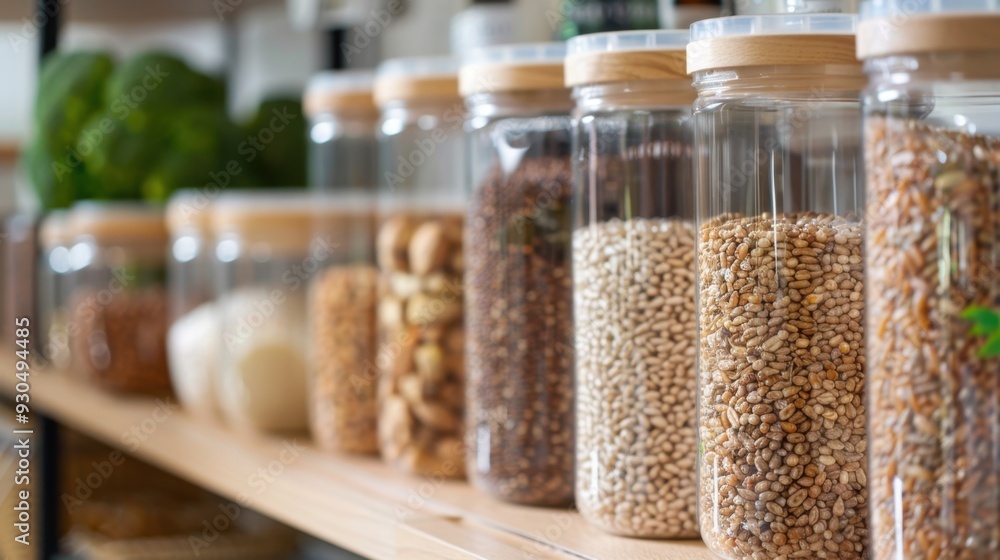 A pantry shelf with clear plastic containers holding various grains and cereals A pantry shelf with clear plastic containers holding various grains and cereals