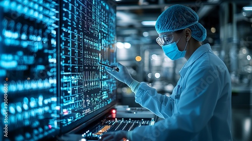A scientist in protective gear analyzes data on a high-tech display in a modern laboratory environment.