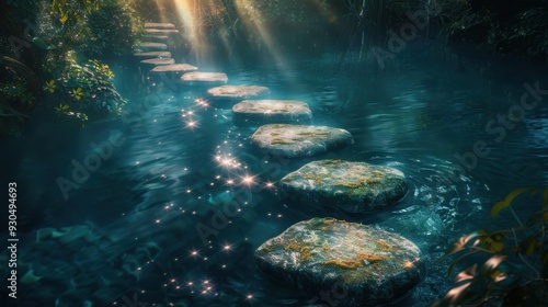 A path of stepping stones leading through a river of light, symbolizing a journey through imagination