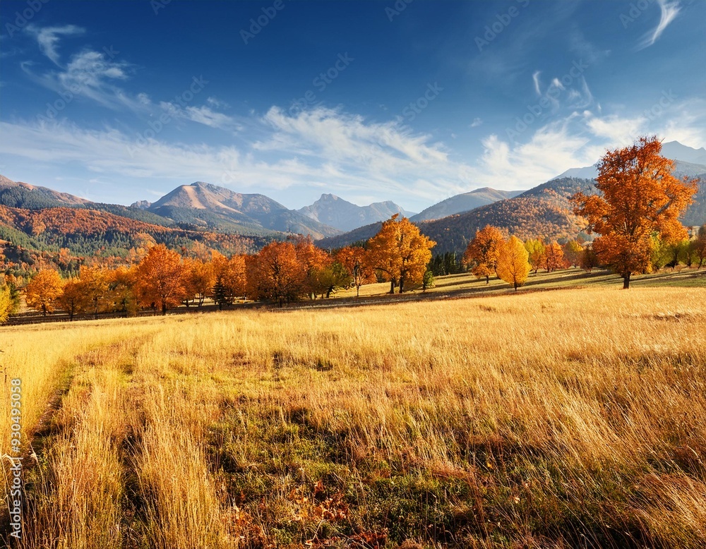 Fototapeta premium Panorama landscapes of Countryside in autumn,Panoramic of mid autumn with farm field, mountains, wild grass and leaves falling from trees in yellow foliage. Wonderland landscape in fall season