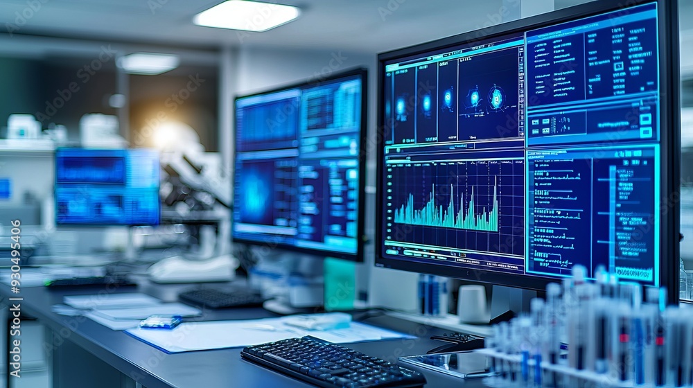 High-tech laboratory with advanced monitors displaying data analysis and graphs, showcasing scientific research and innovation. High-tech laboratory with advanced monitors displaying data analysis and graphs, showcasing scientific research and innovation.