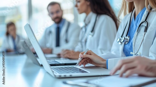 Medical professionals collaborate in a modern office, focusing on laptops and sharing insights during a healthcare meeting.