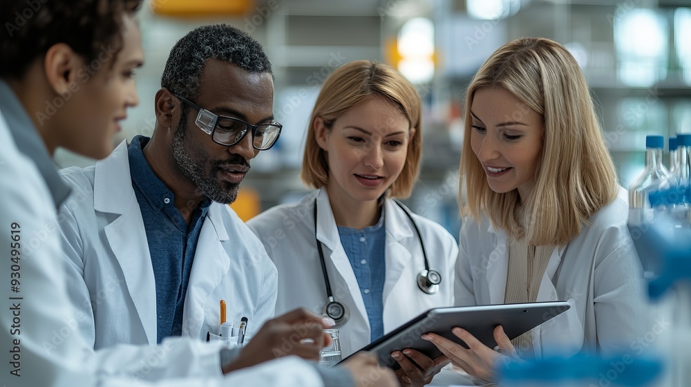 Team of healthcare professionals collaborating on a tablet in a modern laboratory environment, showcasing teamwork and innovation. Team of healthcare professionals collaborating on a tablet in a modern laboratory environment, showcasing teamwork and innovation.