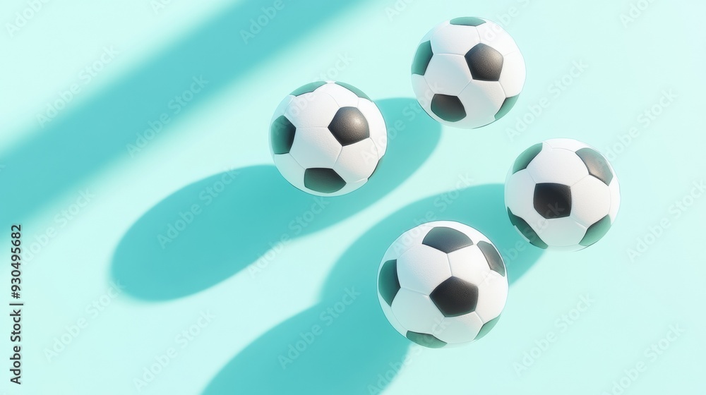 Levitating Black and White Soccer Balls Casting Soft Shadows on Light Pastel Blue Background, Dynamic Product Catalog Concept Levitating Black and White Soccer Balls Casting Soft Shadows on Light Pastel Blue Background, Dynamic Product Catalog Concept