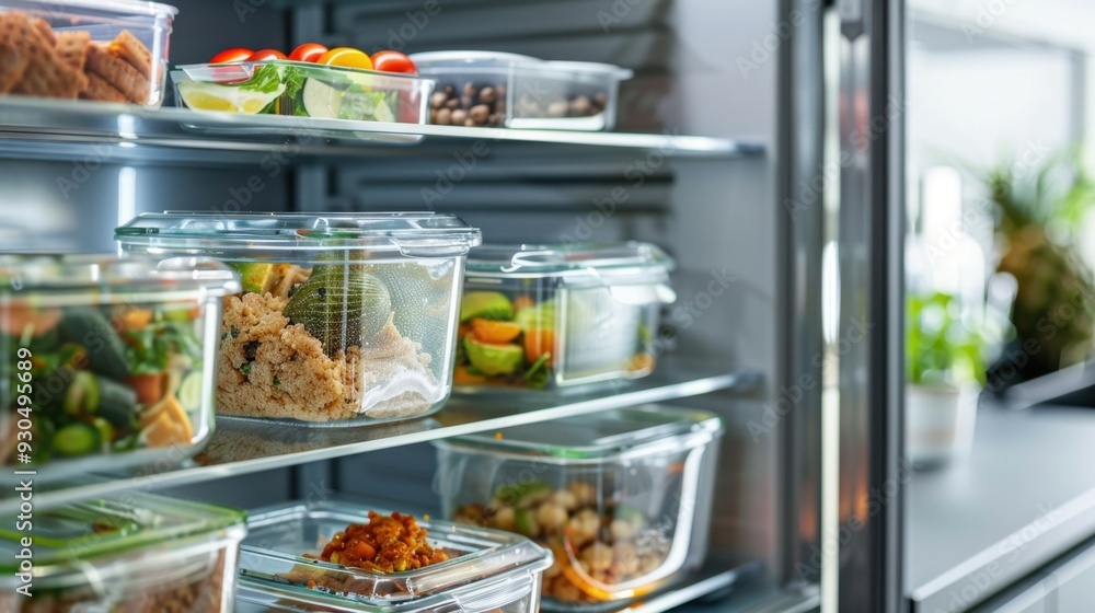 A refrigerator shelf with neatly arranged food containers holding leftovers and prepped meals