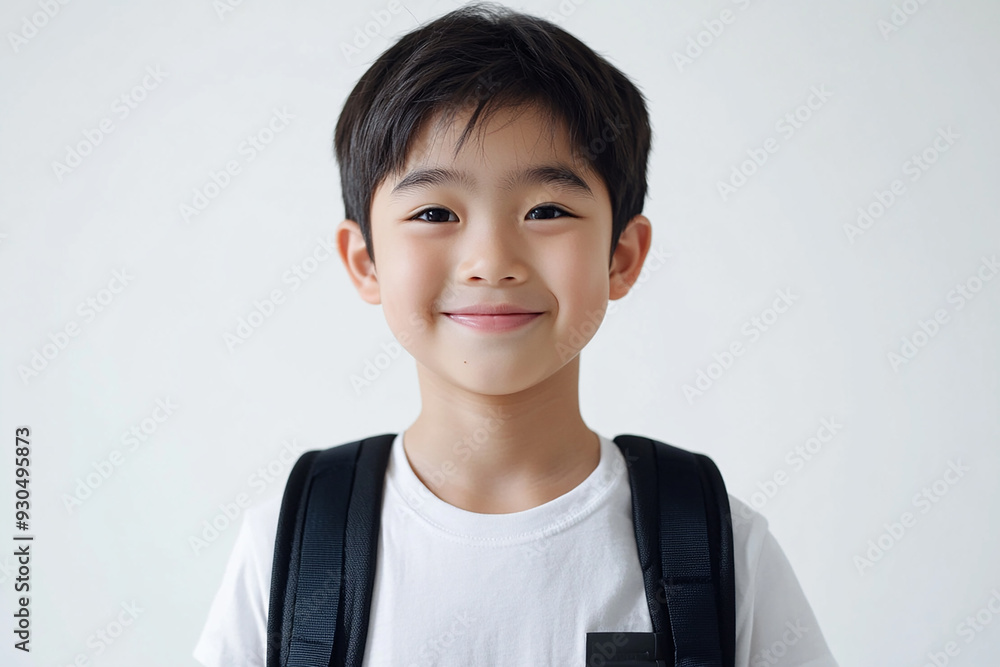 Asian teenage student carrying school bag on white background, student happy back to school