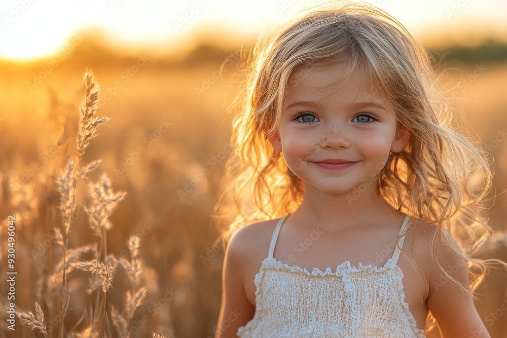 Smiling blonde girl in a field at sunset, enjoying a carefree summer moment in the golden hour Smiling blonde girl in a field at sunset, enjoying a carefree summer moment in the golden hour