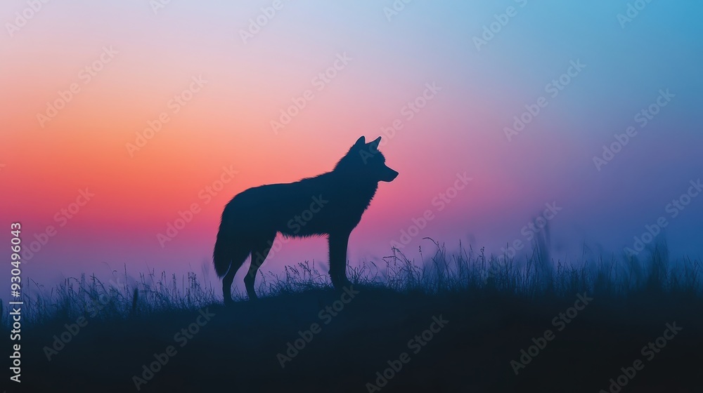 A silhouette of a wolf standing on a hill against a colorful sunset backdrop. A silhouette of a wolf standing on a hill against a colorful sunset backdrop.