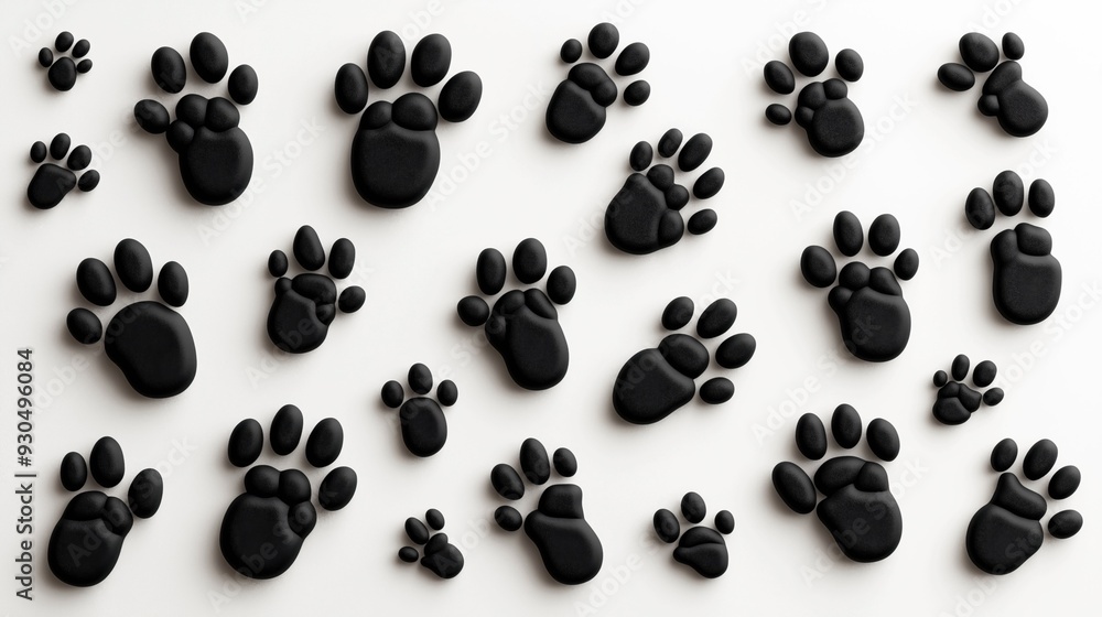 Pattern of black animal paw prints of varying sizes on a white background. Pattern of black animal paw prints of varying sizes on a white background.