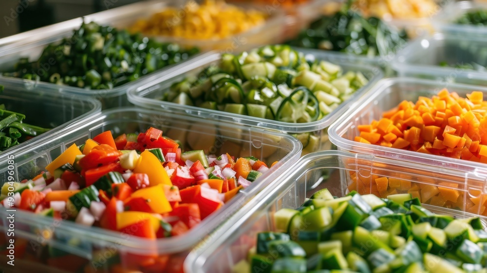A row of glass containers filled with prepped meals for the week, arranged in a refrigerator A row of glass containers filled with prepped meals for the week, arranged in a refrigerator