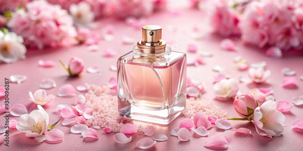 Perfume bottle surrounded by rose petals and cherry blossom on pink background, representing fragrance, floral beauty, elegance, and luxury Perfume bottle surrounded by rose petals and cherry blossom on pink background, representing fragrance, floral beauty, elegance, and luxury