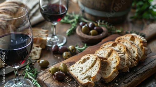 A rustic breadboard with sliced sourdough, a side of olives, and a glass of red wine